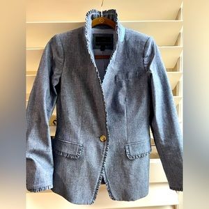 J. Crew Chambray Regent Blazer with ruffle detailing at lapel, pockets and cuffs